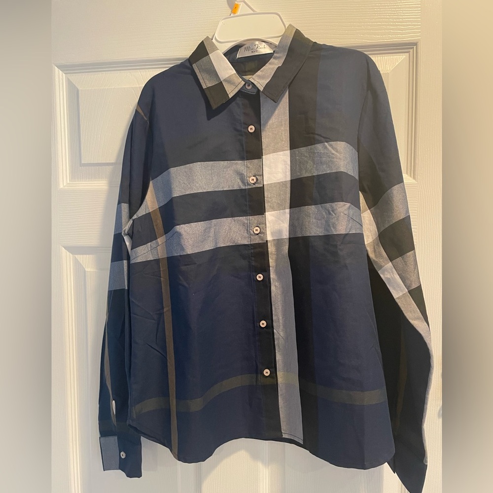 Navy Blue Plaid Button Down Shirt